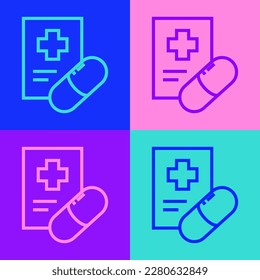 Pop art line Medical prescription icon isolated on color background. Rx form. Recipe medical. Pharmacy or medicine symbol.  Vector Illustration