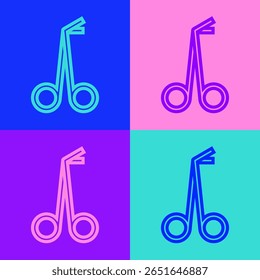 Pop art line Medical scissors icon isolated on color background.  Vector