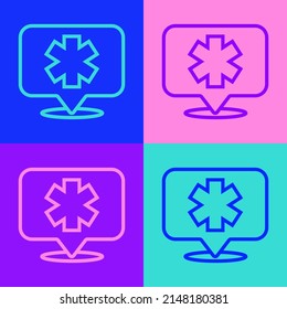 Pop art line Medical symbol of the Emergency - Star of Life icon isolated on color background.  Vector