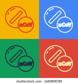 Pop art line Medicine pill or tablet icon isolated on color background. Corona virus 2019-nCoV. Capsule pill and drug sign. Pharmacy design.  Vector Illustration