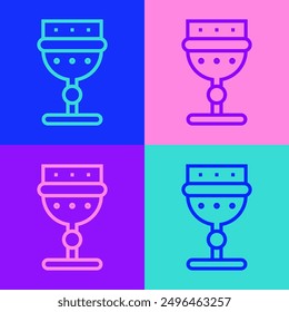 Pop art line Medieval goblet icon isolated on color background.  Vector