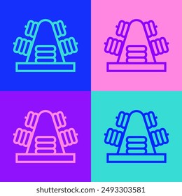 Pop art line Metal rack with additional weights for barbell icon isolated on color background. Bodybuilding, fitness, sport, healthy lifestyle concept.  Vector