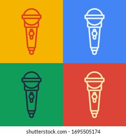 Pop art line Microphone icon isolated on color background. On air radio mic microphone. Speaker sign.  Vector Illustration
