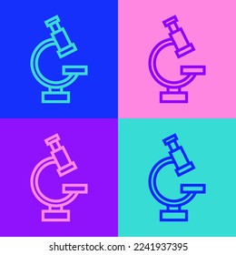 Línea de arte pop Icono de microscopio aislado en el fondo de color. Química, instrumento farmacéutico, herramienta de magnificación microbiológica.  Vector