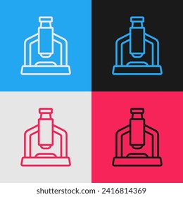 Pop art line Microscope icon isolated on color background. Chemistry, pharmaceutical instrument, microbiology magnifying tool.  Vector
