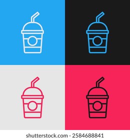 Pop art line Milkshake icon isolated on color background. Plastic cup with lid and straw.  Vector