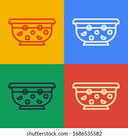Pop art line Mixed punch with fresh fruits in bowl icon isolated on color background.  Vector Illustration