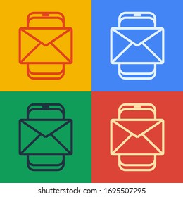 Pop art line Mobile and envelope, new message, mail icon isolated on color background. Usage for e-mail newsletters, headers, blog posts.  Vector Illustration