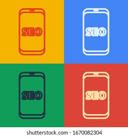 Pop art line Mobile phone SEO optimization concept icon isolated on color background.  Vector Illustration
