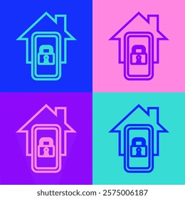 Pop art line Mobile phone with smart home icon isolated on color background. Remote control.  Vector