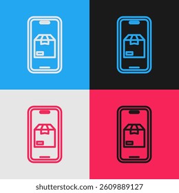 Pop art line Mobile smart phone with app delivery tracking icon isolated on color background. Parcel tracking.  Vector