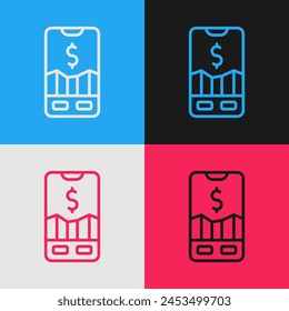 Pop art line Mobile stock trading concept icon isolated on color background. Online trading, stock market analysis, business and investment.  Vector