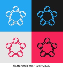 Pop art line Molecule icon isolated on color background. Structure of molecules in chemistry, science teachers innovative educational poster.  Vector