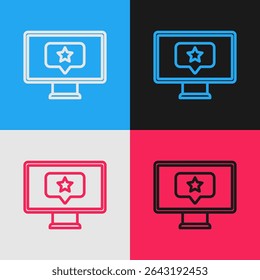 Pop art line Monitor with star icon isolated on color background. Favorite, best rating, award symbol.  Vector