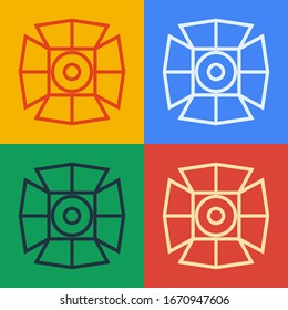 Pop art line Movie spotlight icon isolated on color background. Light Effect. Scene, Studio, Show.  Vector Illustration