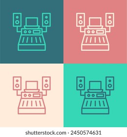 Pop art line Music sound recording studio control room with professional equipment icon isolated on color background.  Vector