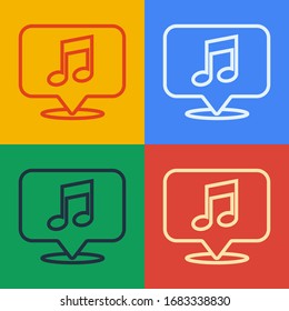 Pop art line Musical note in speech bubble icon isolated on color background. Music and sound concept.  Vector Illustration