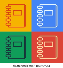 Pop art line Notebook icon isolated on color background. Spiral notepad icon. School notebook. Writing pad. Diary for school.  Vector Illustration