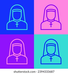 Pop art line Nun icon isolated on color background. Sister of mercy.  Vector