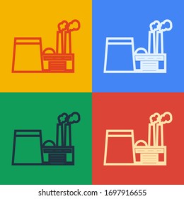 Pop art line Oil and gas industrial factory building icon isolated on color background.  Vector Illustration