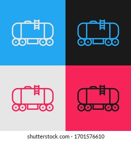 Pop art line Oil railway cistern icon isolated on color background. Train oil tank on railway car. Rail freight. Oil industry.  Vector Illustration