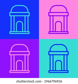Pop art line Old crypt icon isolated on color background. Cemetery symbol. Ossuary or crypt for burial of deceased.  Vector