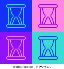 Pop art line Old hourglass with flowing sand icon isolated on color background. Sand clock sign. Business and time management concept.  Vector