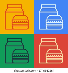 Pop art line Online ordering and burger delivery icon isolated on color background.  Vector Illustration