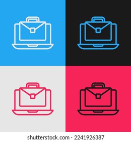 Pop art line Online working icon isolated on color background. Freelancer man working on laptop at his house. Remote work. Distant job concept.  Vector