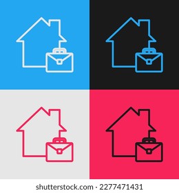 Pop art line Online working icon isolated on color background. Freelancer man working on laptop at his house. Remote work. Distant job concept.  Vector