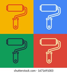 Pop art line Paint roller brush icon isolated on color background.  Vector Illustration