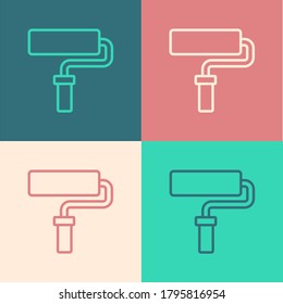Pop art line Paint roller brush icon isolated on color background. Vector