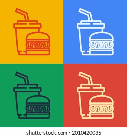 Pop art line Paper glass with drinking straw and burger icon isolated on color background. Soda aqua drink sign. Hamburger, cheeseburger sandwich.  Vector