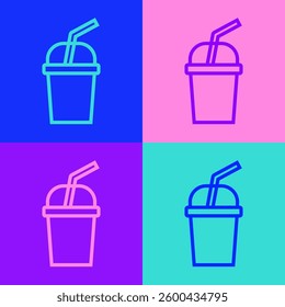 Pop art line Paper glass with drinking straw and water icon isolated on color background. Soda drink glass. Fresh cold beverage symbol.  Vector