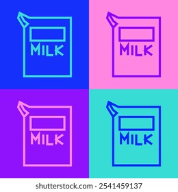 Pop art line Paper package for milk icon isolated on color background. Milk packet sign.  Vector Illustration