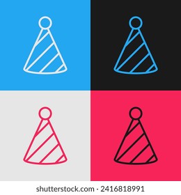 Pop art line Party hat icon isolated on color background. Birthday hat.  Vector