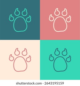 Pop art line Paw print icon isolated on color background. Dog or cat paw print. Animal track.  Vector