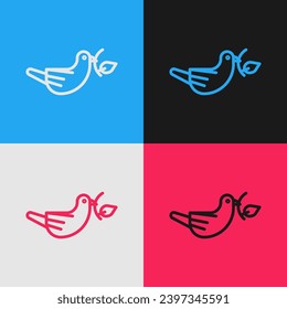 Pop art line Peace dove with olive branch icon isolated on color background. Happy Easter.  Vector Illustration