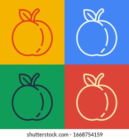 Pop art line Peach fruit or nectarine with leaf icon isolated on color background.  Vector Illustration