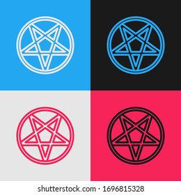 Pop art line Pentagram in a circle icon isolated on color background. Magic occult star symbol.  Vector Illustration