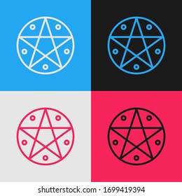 Pop art line Pentagram in a circle icon isolated on color background. Magic occult star symbol.  Vector Illustration