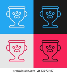 Pop art line Pet award symbol icon isolated on color background. Medal with dog footprint as pets exhibition winner concept.  Vector
