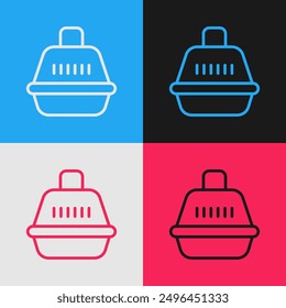 Pop art line Pet carry case icon isolated on color background. Carrier for animals, dog and cat. Container for animals. Animal transport box.  Vector