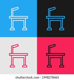 Pop art line Pet grooming table icon isolated on color background.  Vector