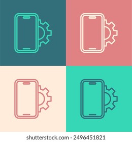 Pop art line Phone repair service icon isolated on color background. Adjusting, service, setting, maintenance, repair, fixing.  Vector