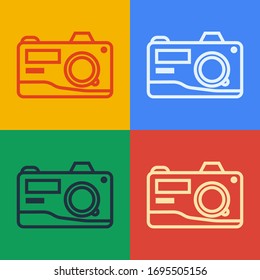 Pop art line Photo camera icon isolated on color background. Foto camera icon.  Vector Illustration