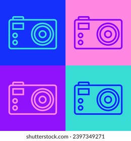 Pop art line Photo camera icon isolated on color background. Foto camera. Digital photography.  Vector