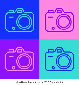 Pop art line Photo camera icon isolated on color background. Foto camera. Digital photography.  Vector