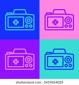 Pop art line Photo camera icon isolated on color background. Foto camera. Digital photography.  Vector