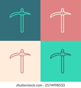 Pop art line Pickaxe icon isolated on color background.  Vector